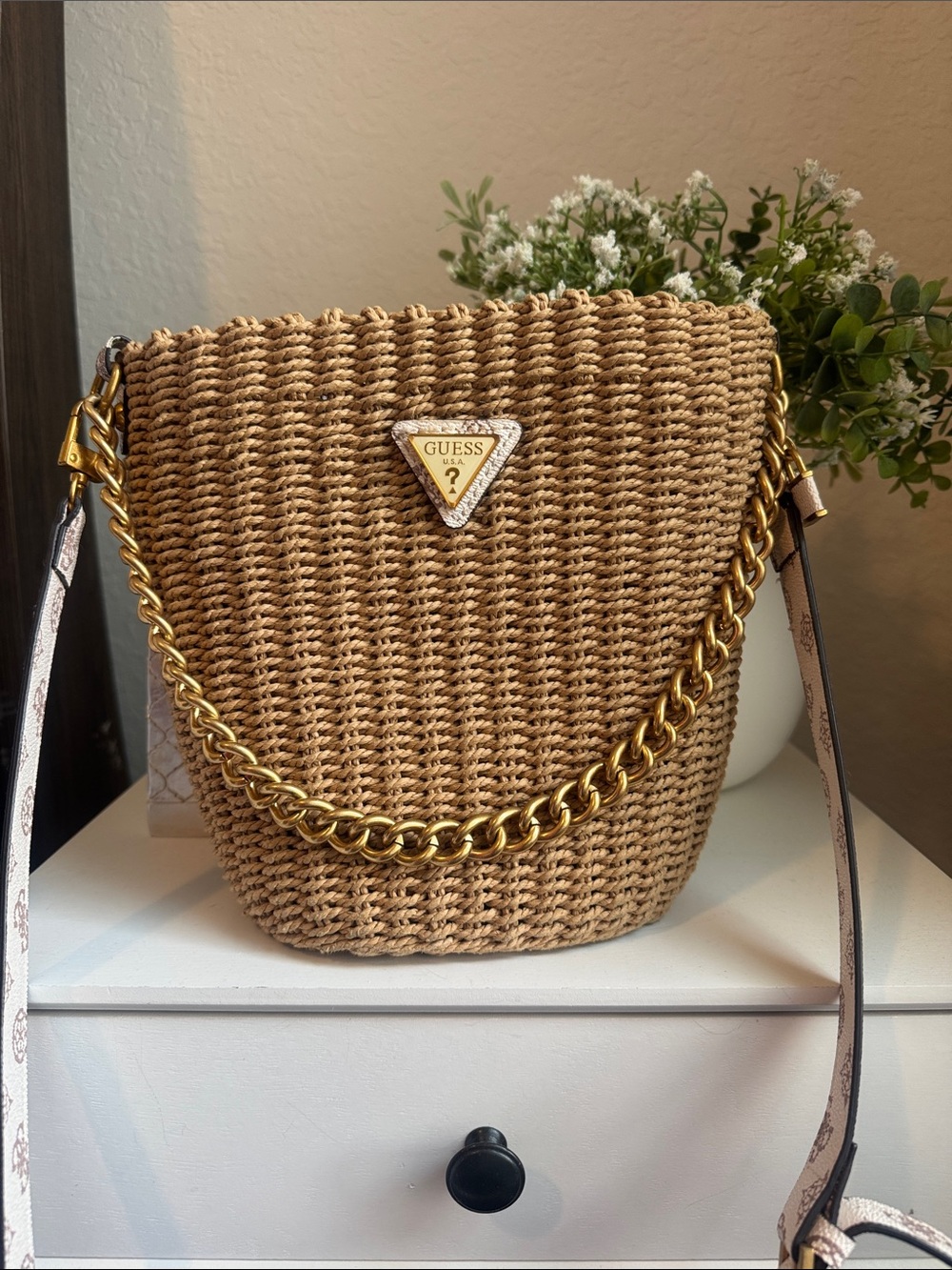 GUESS Woven Straw Bucket Bag with Gold Chain Accent